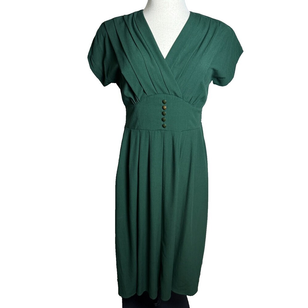 Vintage 90s Sunshine Starshine by Halmode Sz 10 Emerald Green Pleated Midi Dress - Picture 2 of 16
